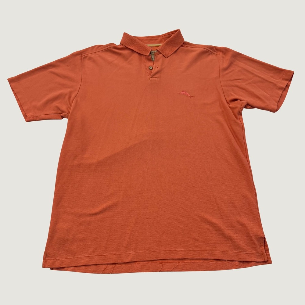 Tommy Bahama Polo Shirt Mens Medium Coral Orange Short Sleeve Marlin Logo